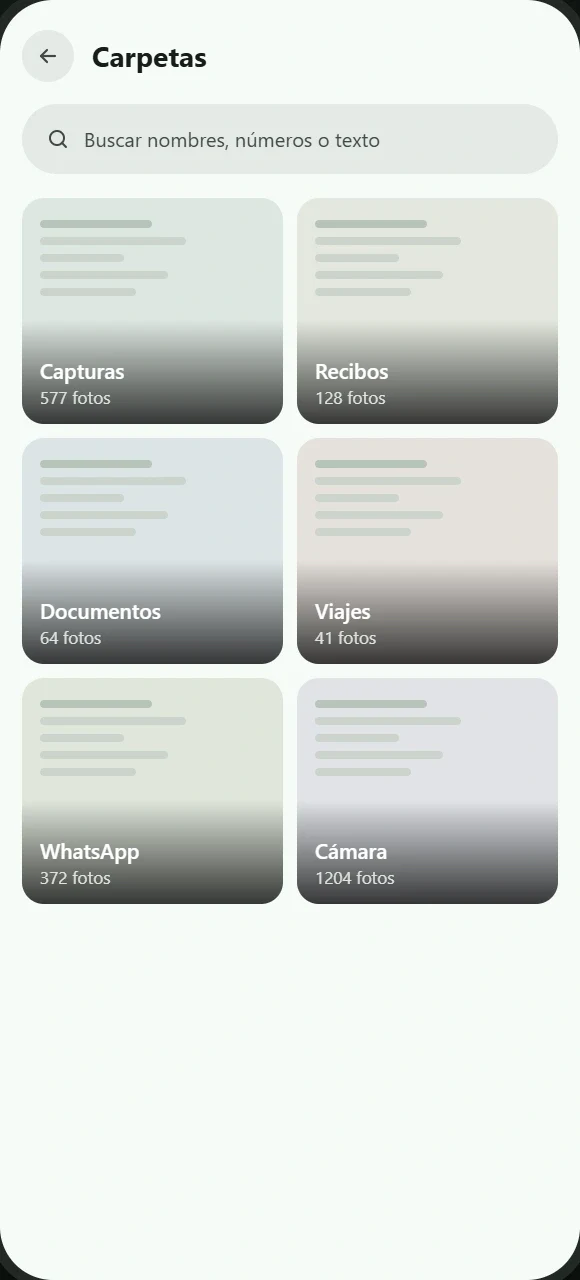 Vestigra folders screen listing Screenshots, Receipts, Documents, Travel, WhatsApp and Camera.