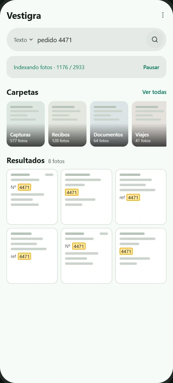 Vestigra search screen with the query “pedido 4471” and the matching photographs.